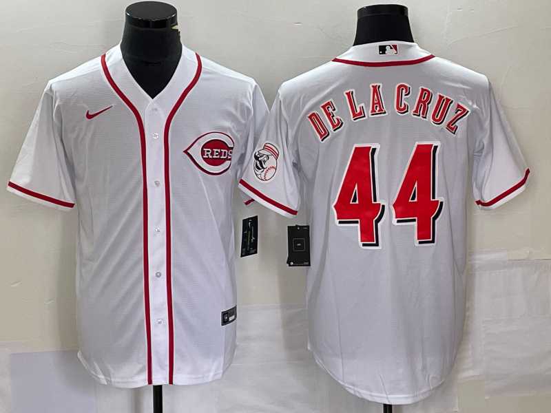 Mens Cincinnati Reds #44 Elly De La Cruz White With Patch Cool Base Stitched Baseball Jersey